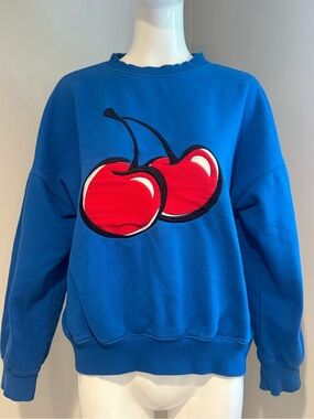 Kirsh Cherry Graphic Sweatshirt Blue Crewneck Cotton Made in Korea Size 1